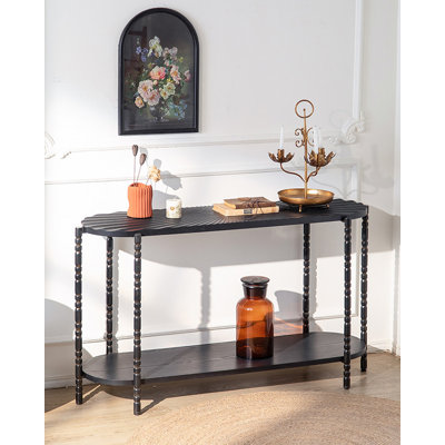 Console en bois massif French Country, buffet ovale à deux niveaux avec plateau texturé