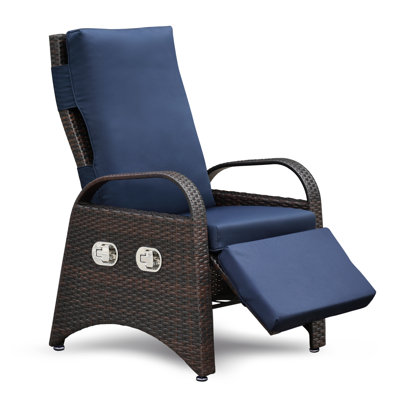 Fauteuil inclinable d'extérieur, fauteuil de détente inclinable réglable en osier avec mécanisme de réglage séparé et coussin souple amovible, fauteuil moderne et ergonomique pour la maison, le soleil ou la détente (bleu marine)