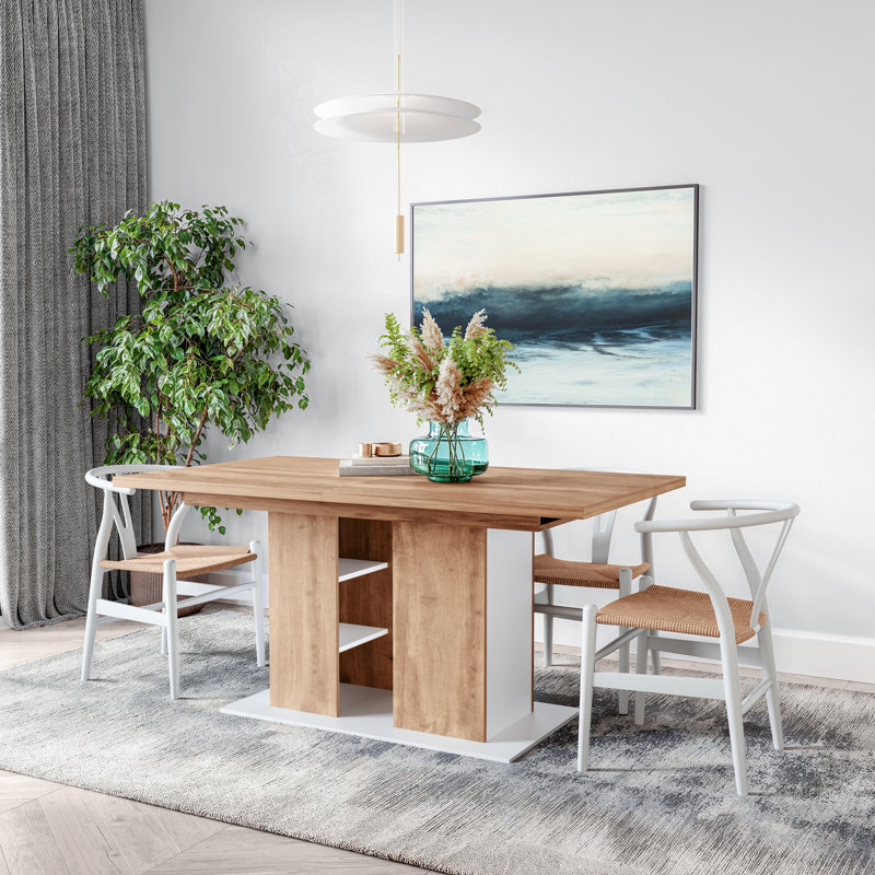 Modern Extendable Dining Table Fidel with Storage Shelves, Self-Storing Leaf Expands 10 Guests, Gold Oak/White
