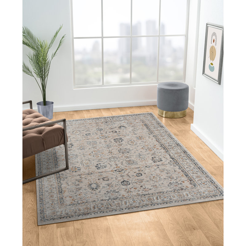 Tapis oriental en polyester tissé à la machine en beige / gris, Tapis de couloir 2 pi 6 po x 7 pi 5 po
