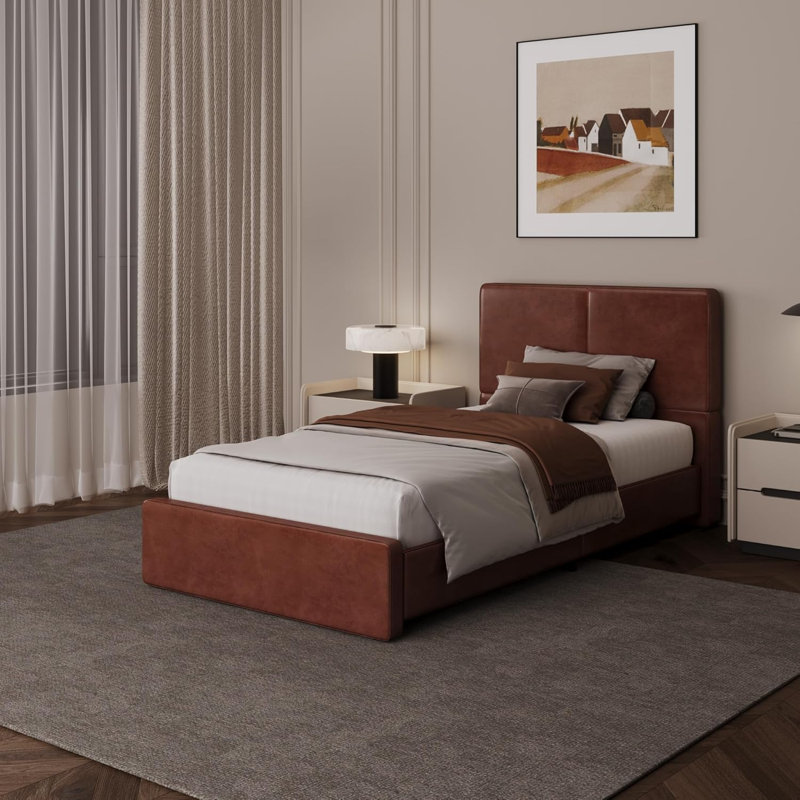 Twin Size Upholstered Bed Frame,Platform Bed with Headboard, No Box Spring Needed, Heavy Duty 900 Lbs Capacity, Noise Free Easy Assembly, Brown