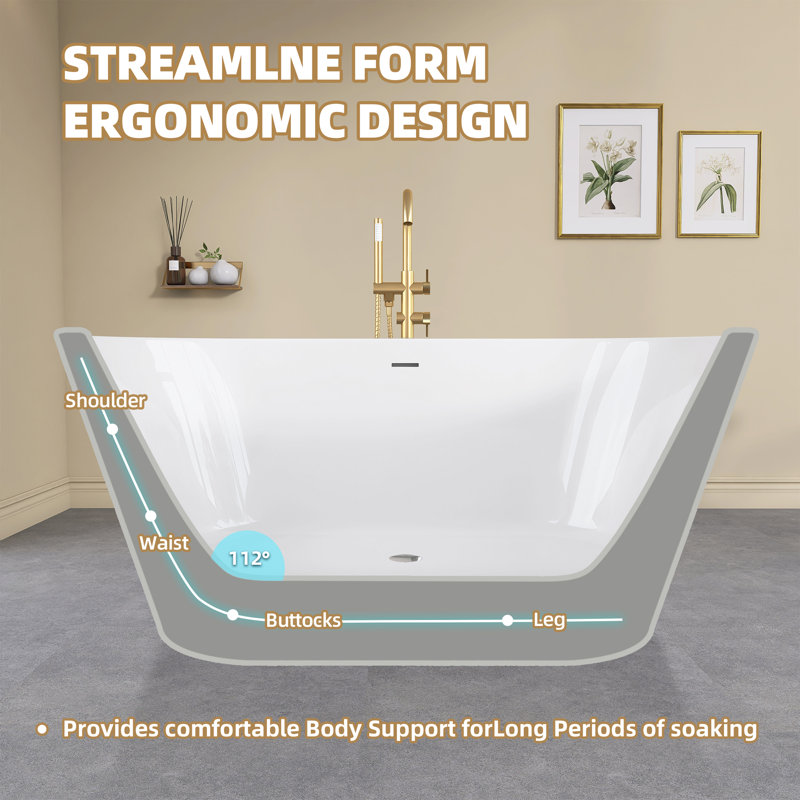  51" X 27" Acrylic Freestanding Soaking Bathtub With Drain in White, Glossy White
