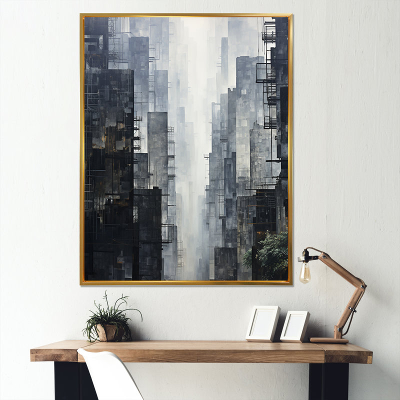 Horizon I, gratte-ciel gris - art mural gratte-ciel, Cadre flottant doré, H 44 po x l 34 po x P 1,5 po