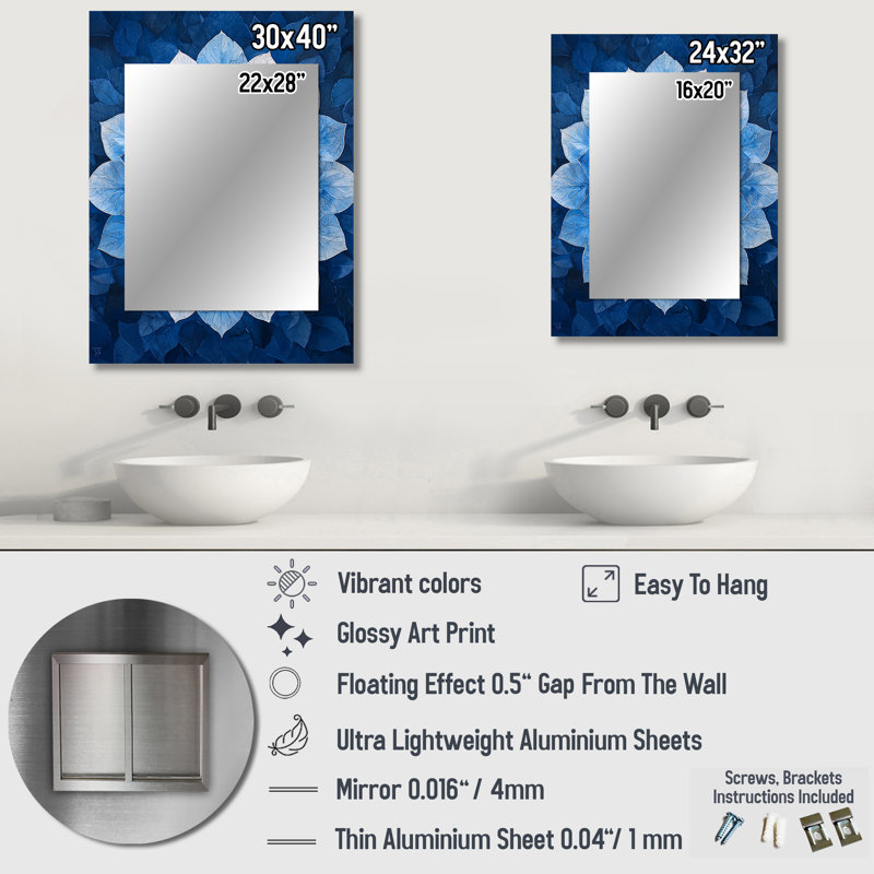 Bleu et blanc hydrangées kaléidoscope hydrangées - hydrangées, miroir mural unique, 32 po x 24 po