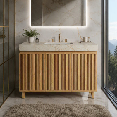 Meuble-lavabo avec lavabo sur pied, comptoir en pierre frittée veinée, lavabo en céramique, 3 trous prépercés pour robinetterie