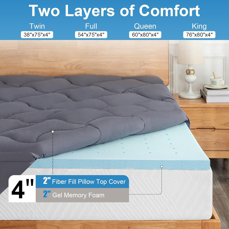 Medium Dual Layer 2-in-1 total 4" Memory Foam Mattress Topper With 8-21" Deep Pocket Cooling Mattress Pad, Designed For Back Pain Relief