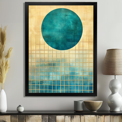 Soleil vert, or et turquoise sur des grilles dorées III - Tableau abstrait encadré de style milieu du siècle