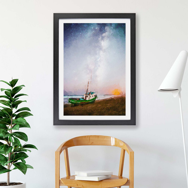 Grounded Fishing Boat At Dusk - Single Picture Frame Painting, 62cm H x 87cm W x 2cm D, Black