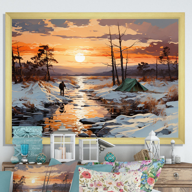 «Campingtravel Winters Whisper III», reproduction d'art sur toile, H 12 po x l 20 po x P 1 po, Cadre doré à une seule photo
