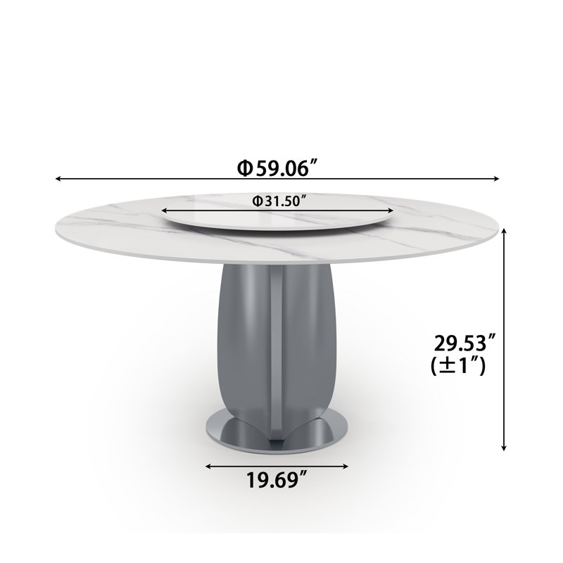 7-Piece Modern Round Sintered Stone Lazy Susan Dining Table Set With 6 PU Leather Chair, White