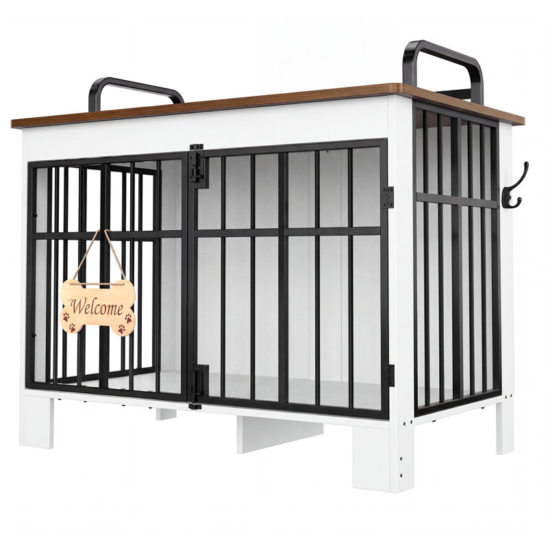 Metal Pet Crate with 2 Doors, White+Walnut
