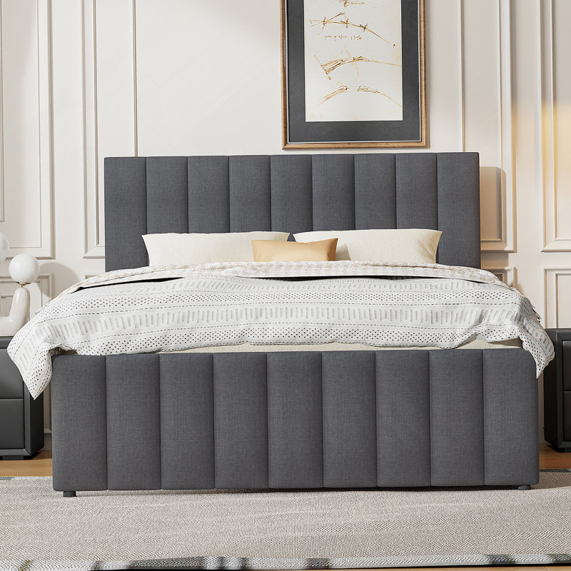 Lit plateforme double tapissier avec lit gigogne simple et 3 tiroirs, tissu en lin, gris