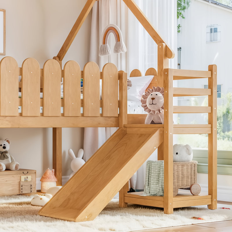 Lit mezzanine double pour enfants avec escalier, échelles et lumières DEL Storybook, Natural