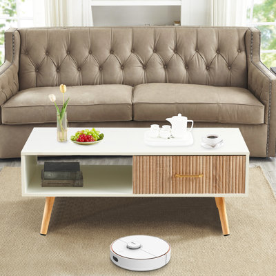 Wood Coffee Table with Storage Drawer and Solid Legs