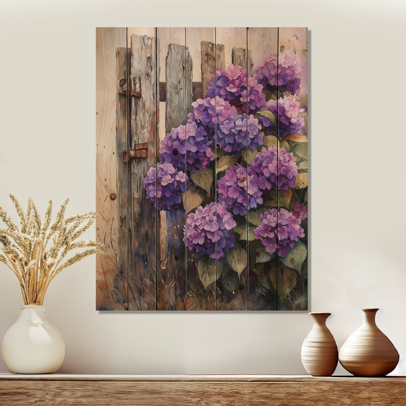 Hortensias d'été par la clôture de la ferme VI - décoration murale en bois d'hortensias - sur bois de pin naturel