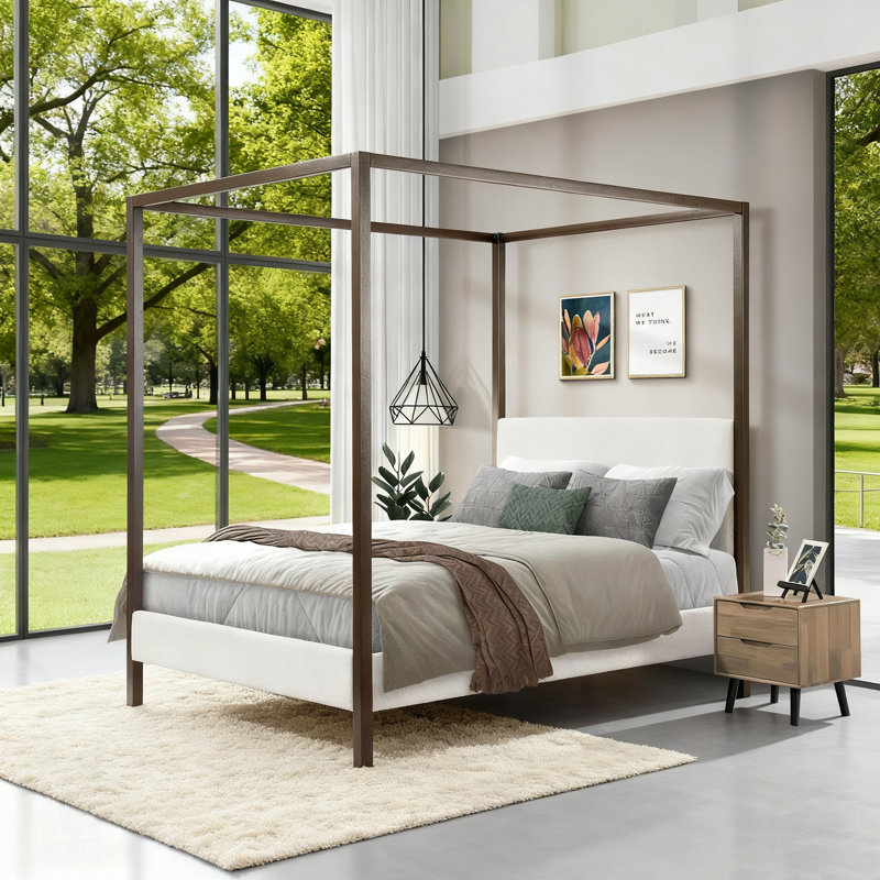 Lit à baldaquin rembourré en métal Boucle, alliant élégance moderne et durabilité robuste pour une chambre à coucher élégante