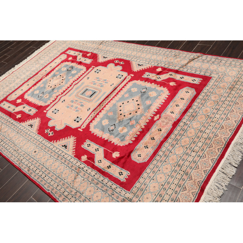 Tapis en laine noué la à la main rouge/crème/bleu 6 pi x 9 pi one-of-kind Ahumada
