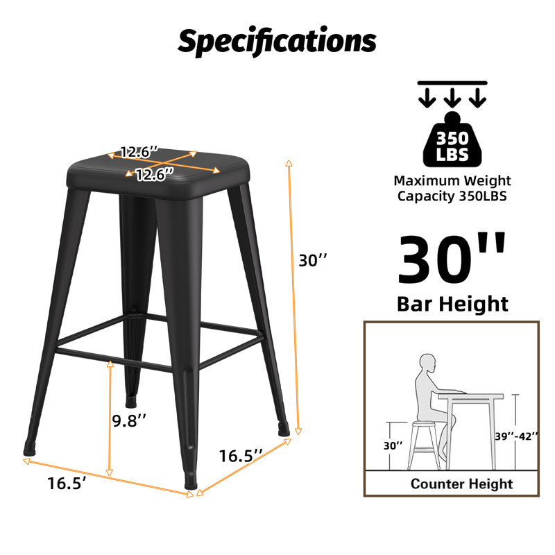 Upholstered Seat Stools with Metal Frame, Black, Bar Stool (30" Seat Height)