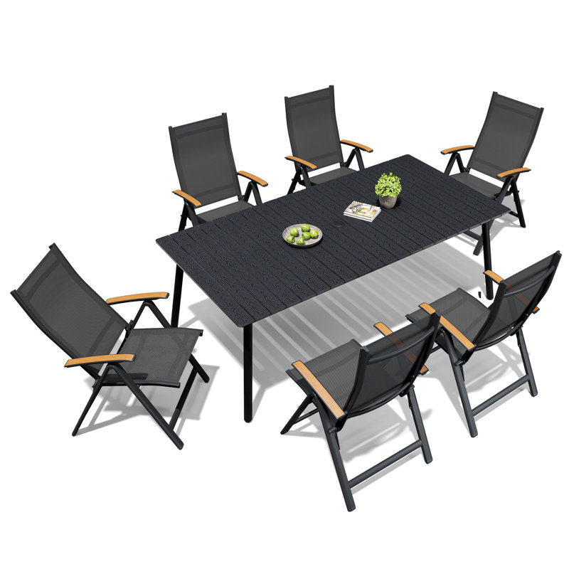  Ensemble repas pour 6 personnes avec structure en aluminium et fauteuils inclinables pliés, Noir