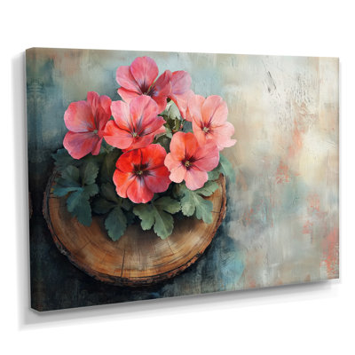 Geraniums Flowers On A Top Of Wooden Slide - Geraniums Framed Art