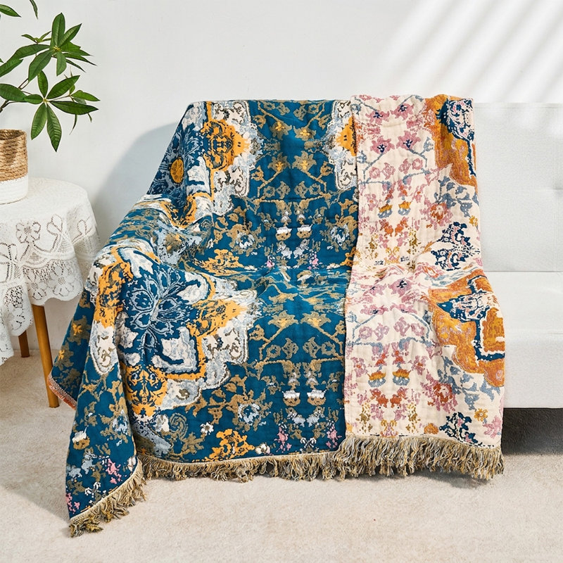 Vintage Persian Medallion Boho Throw Blanket, Reversible Cotton Woven Blanket with Tassel Fringe
