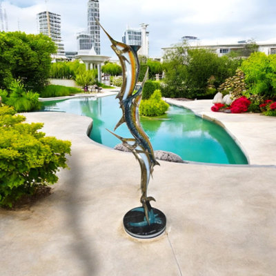 Three Marlin Fish Bronze Fountain Sculpture, Hand Finishing Marble Base Stunning Statue 15"x18"x77"H
