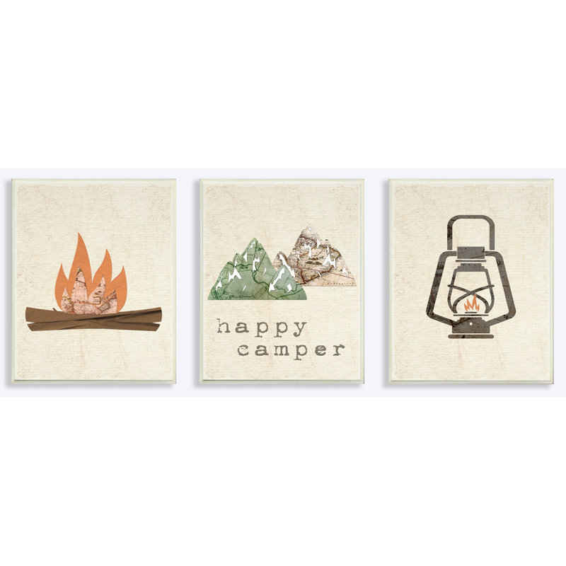 «Happy Camper Mountains and Lantern», ensemble de 3 œuvres d'art encadrées