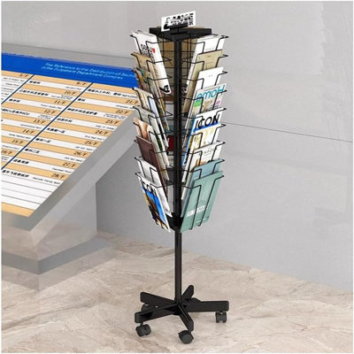 360° Rotating Rolling Metal Magazine Rack, 27-slot Freestanding Floor Literature Display Organizer With Lockable Casters, Black Newspaper Brochure Hol