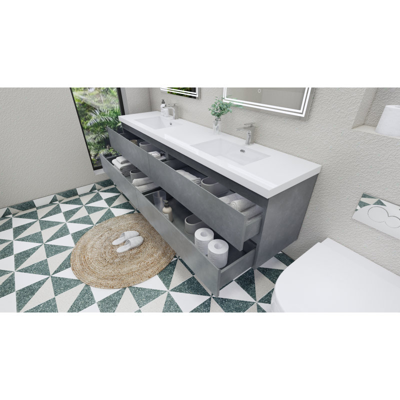 Ensemble de meuble-lavabo double mural 84 po Amahia, Gris ciment