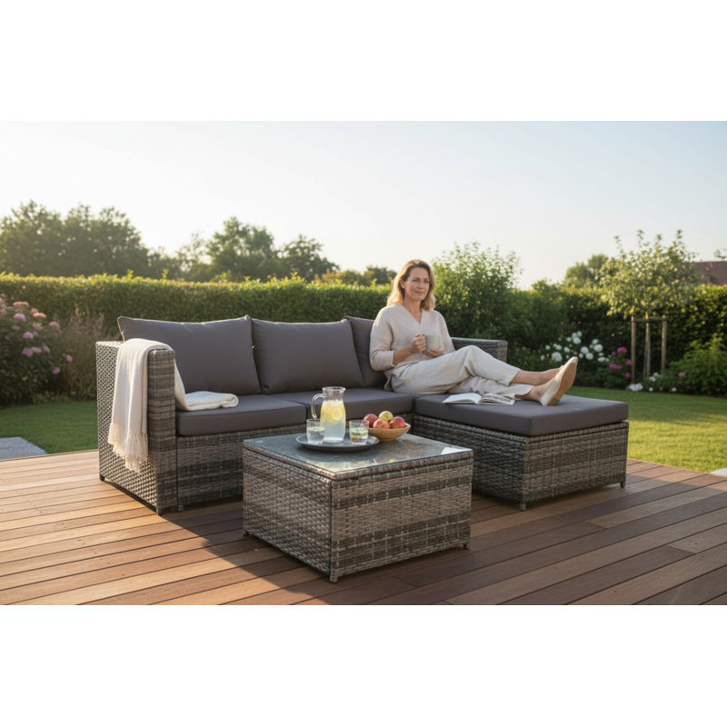 Hampus 3 Seater Grey Rattan Garden Outdoor Conversation Sets Set With Large Stool And Coffee Table