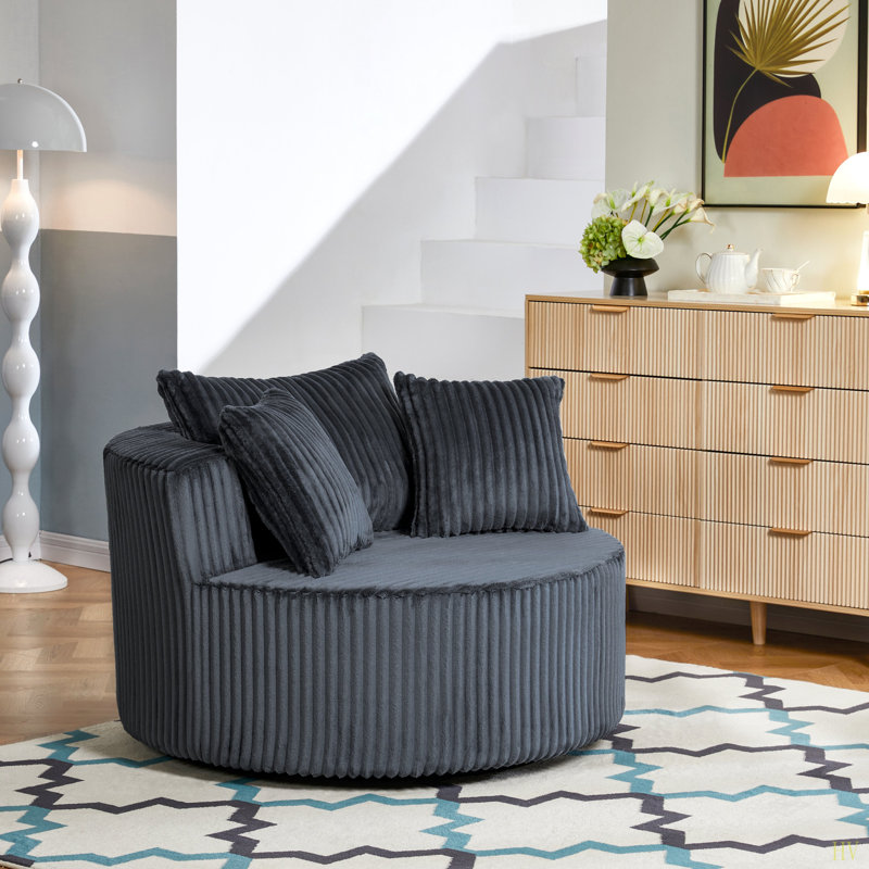 Oversized Round Swivel Accent Chair with Plush Upholstery & Matching Throw Pillows, Dark Gray Fabric