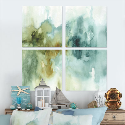 «Abstract Watercolor Green House», ensemble de 4 reproductions d'art sur toile nautiques et côtières