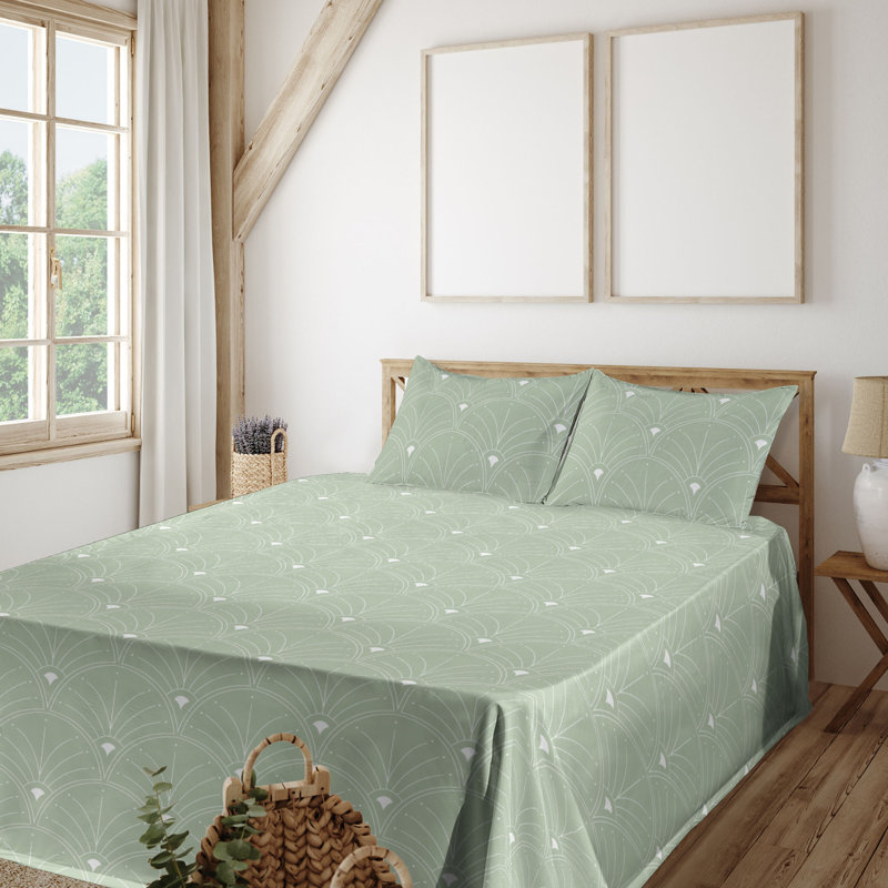 Microfiber Sheet Set, Full Sheet Set with 2 Pillowcases, Pale Green/White Geometric