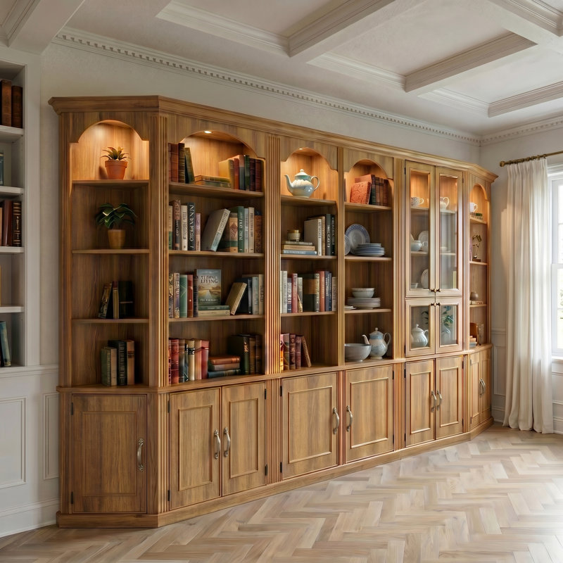  Busby 142'' W Modular Bookcase With Corner Cabinets, 3-Color Spotlights, Display Doors And Lower Storage, Walnut
