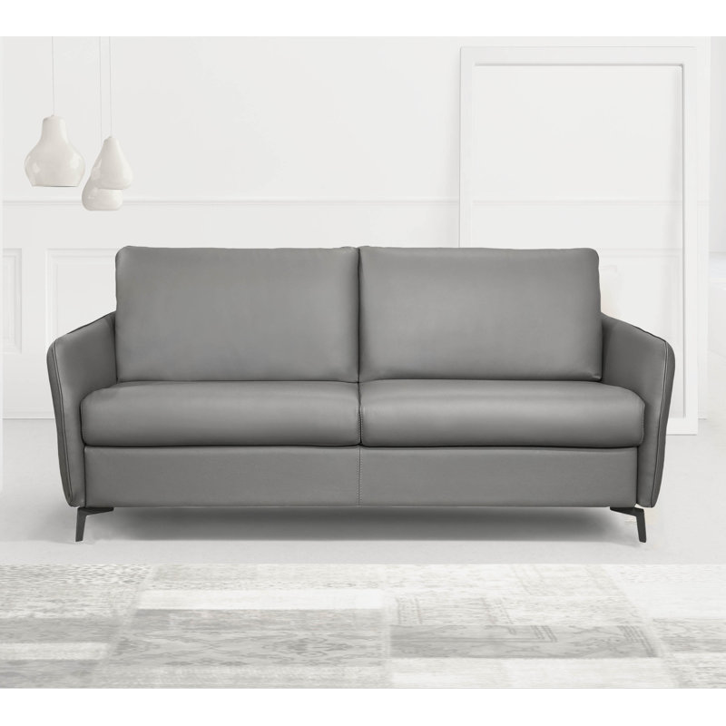 72.9" Genuine Leather Round Arm Sofa Bed, Dark Gray Genuine Leather