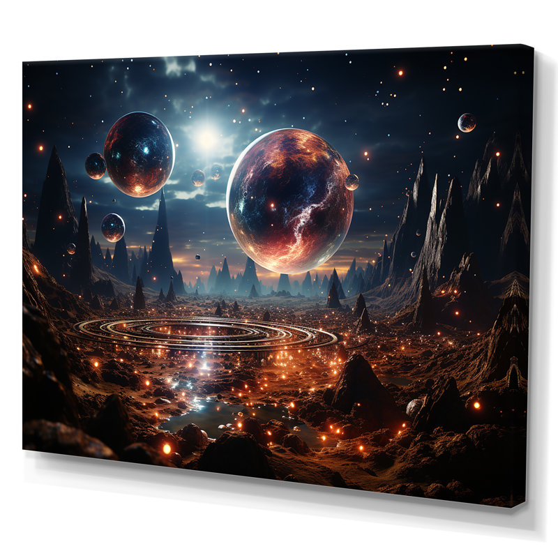 Orange et noir, 3 lunes, paysage II - espace, art mural, Toile tendue, H 16 po x l 32 po x P 1 po