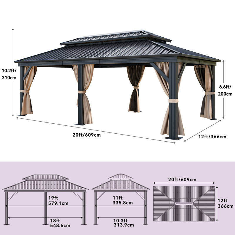 Pavillon de jardin en aluminium, Guirlande 20 pi l 10 pi. x P 12 pi. po