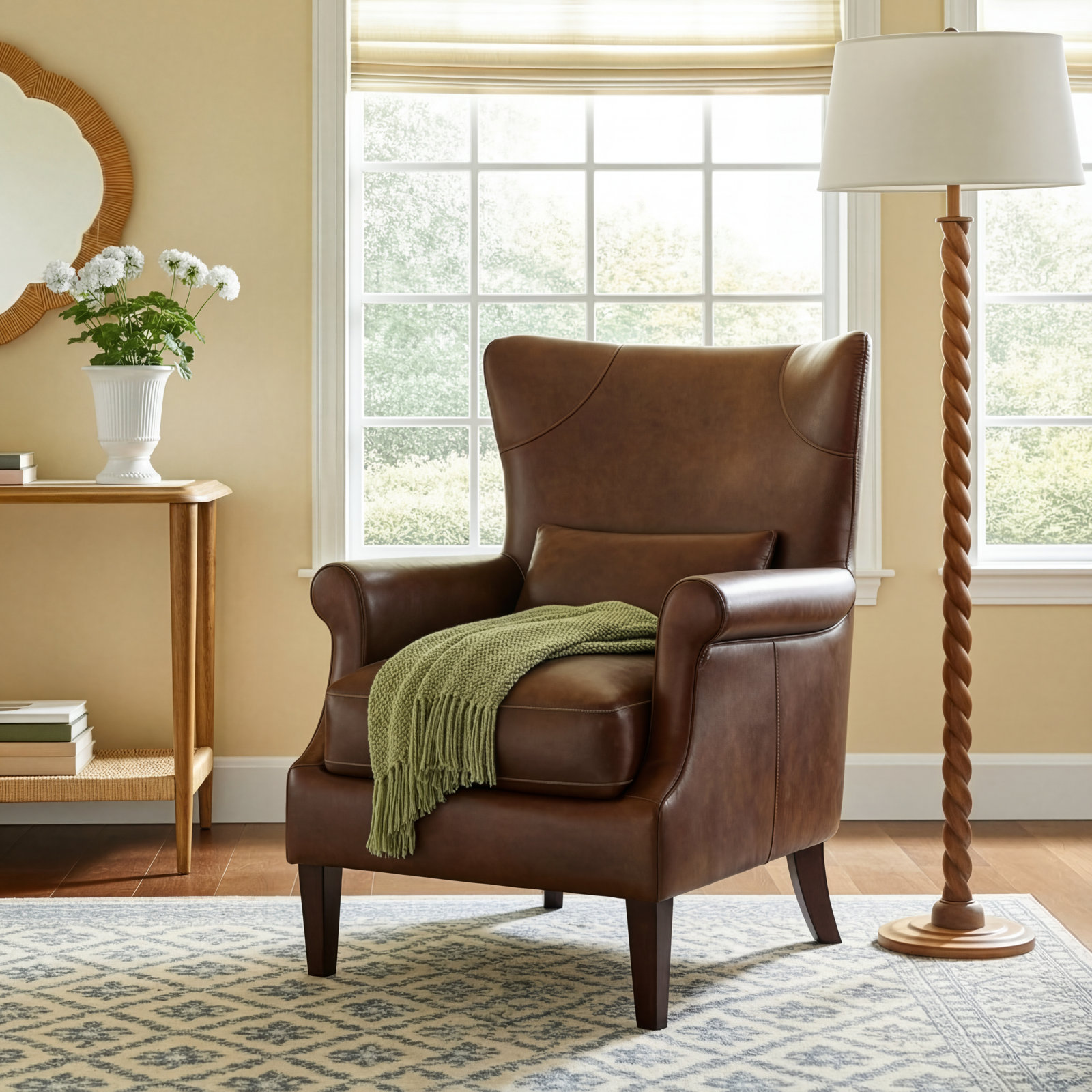 Emerald Genuine Leather Wingback Chair, Vintage Tobacco Top Grain Leather