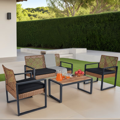 4-piece Patio Furniture Set Outdoor Balcony Porch Garden Backyard Lawn Furniture Acacia Wood Table Top, Brown by Ebern Designs