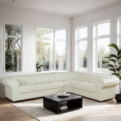 3 - Piece 138" Wide Genuine Cowhide Leather Luxury Chesterfield Living Room Sectional
