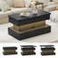 Table basse à plateau relevable en marbre noir avec lumière DEL RVB, table basse 4-en-1 à rangement dissimulé multifonctionnel avec lève-personne hydraulique et 2 grands tiroirs pour le salon-1055762908