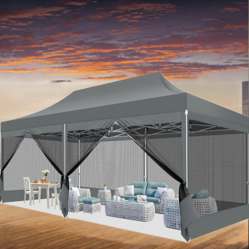 10'x20' Heavy Duty Canopy Tent, Pop up Gazebo with Netting Screened, Grey