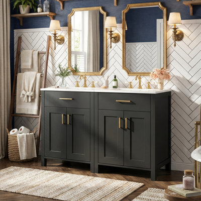 48" Freestanding Bathroom Vanity With Double Ceramic Sink, Solid Wood Frame, Flip-Down Drawer