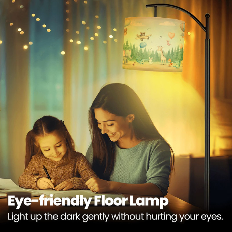 Arc Floor Lamp Playful Animals Balloons Musical Notes Whimsical Forest Setting Standing Light for Bedroom 3 Color Dimmable Tall Lamp with Remote Control and Bulb Included