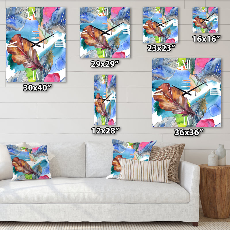 Plume d'oiseau en bleu et rose - Horloge murale traditionnelle, Petit