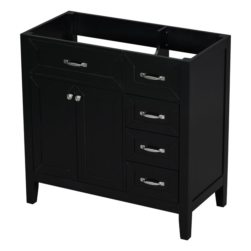 Base de meuble-lavabo 36 po seulement. Armoire noire avec tiroirs. Bois massif et matériau. Mobilier imperméable. Assemblage requis sans évier. Fabrication. Durable