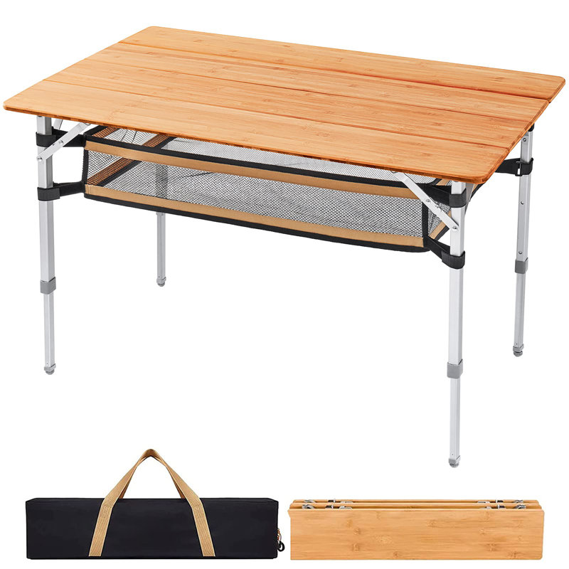 Table de camping pliante en bambou Table de camping légère avec couche de rangement en maille 4-pliable
