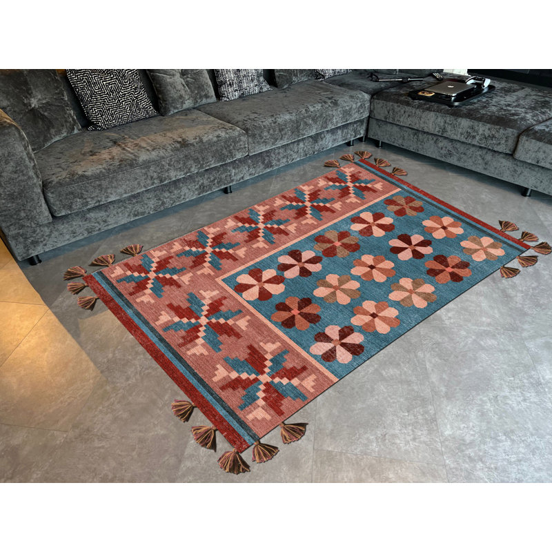 Tapis tissé à franges Salmon, Rectangle 3 pi 9,81 po x 6 pi 6,74 po