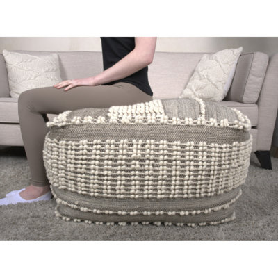 Brown And Beige Rustic Wool & Cotton Large Pouf, Comfortable Design, 26X26x16.5, Fully Assembled, Spot Clean, 75% Wool, 25% Cotton, Filled With Beads Pouf In Beige, Blend, For A Cozy Feel,