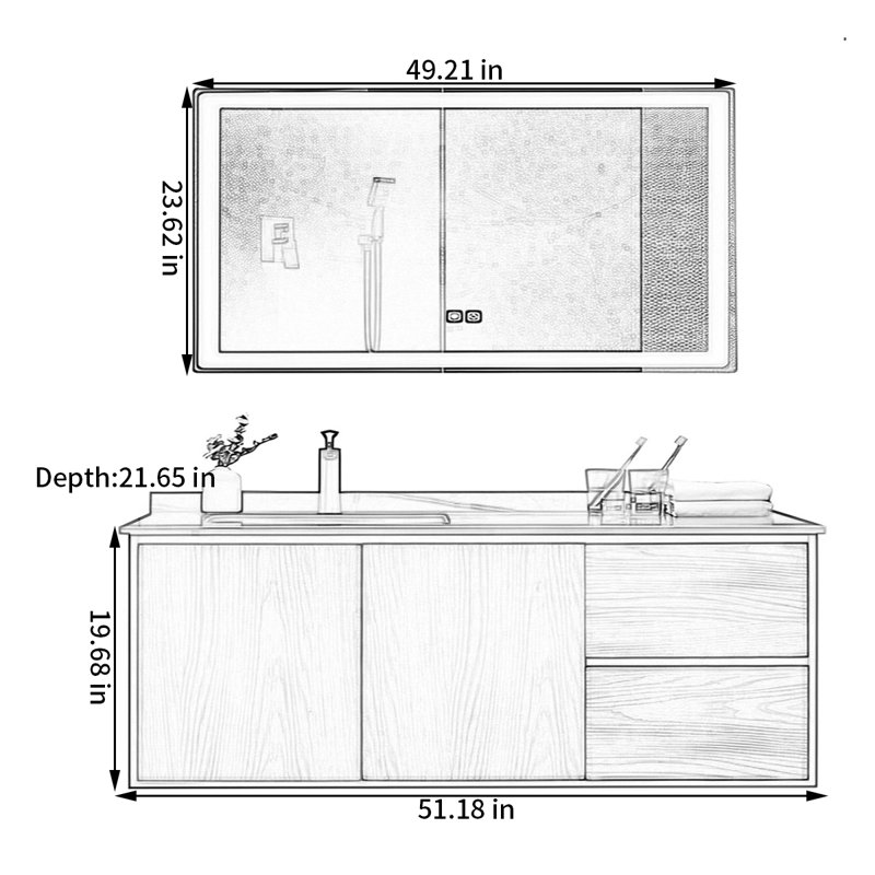 Armoire de salle de bain moderne simple, H 19,68 po x l 51,18 po x P 21,65 po